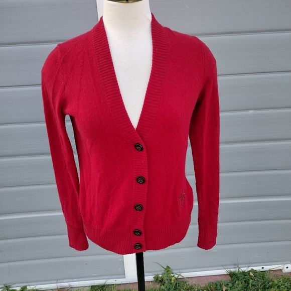Tory Burch Inez Cashmere V Neck Logo Cardigan Red Size Small HOLE See Pics - Picture 1 of 11